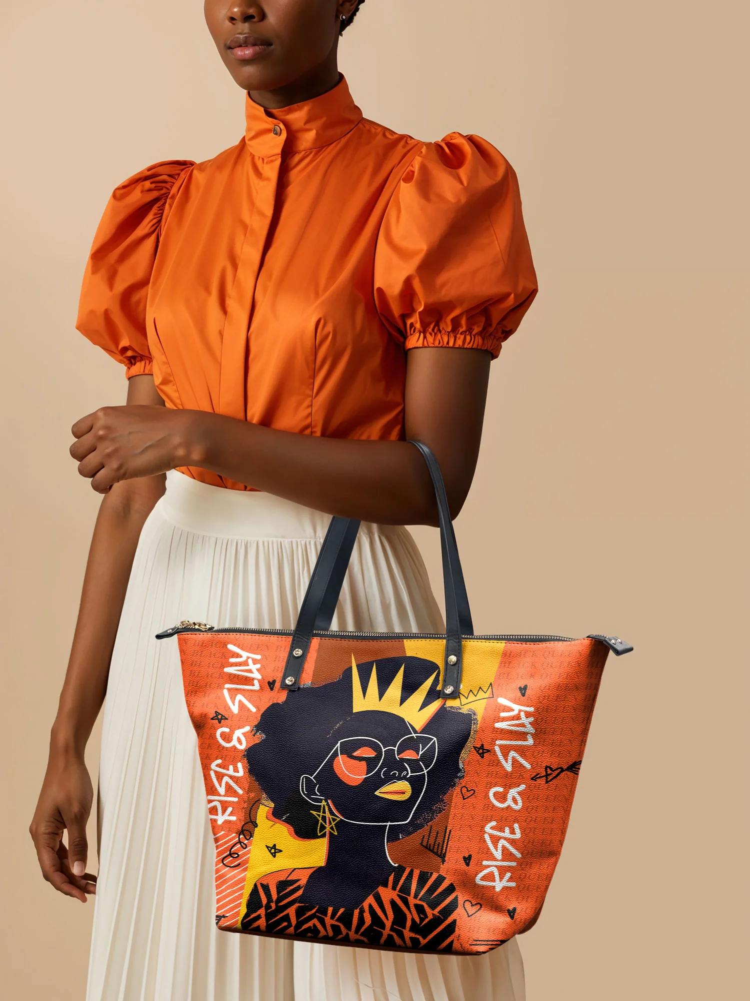 "Aina" Orange Sorbet Leather Tote Bag - Image 3